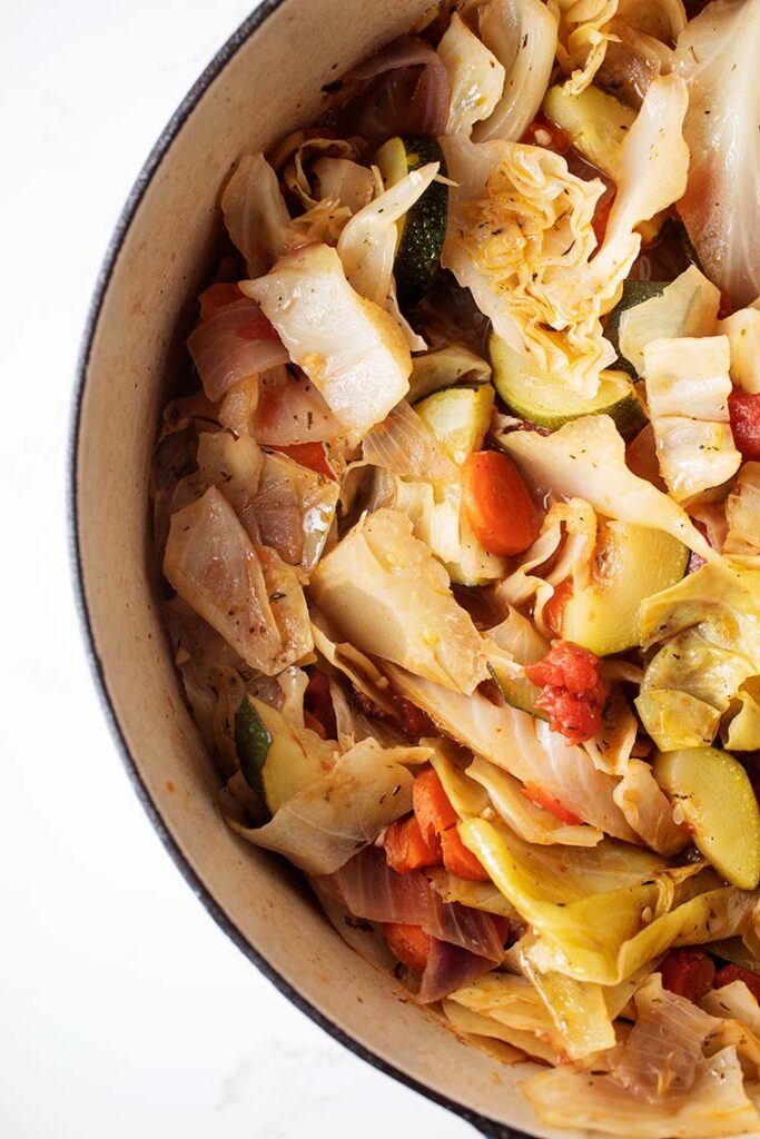 overhead view of cabbage soup in pot