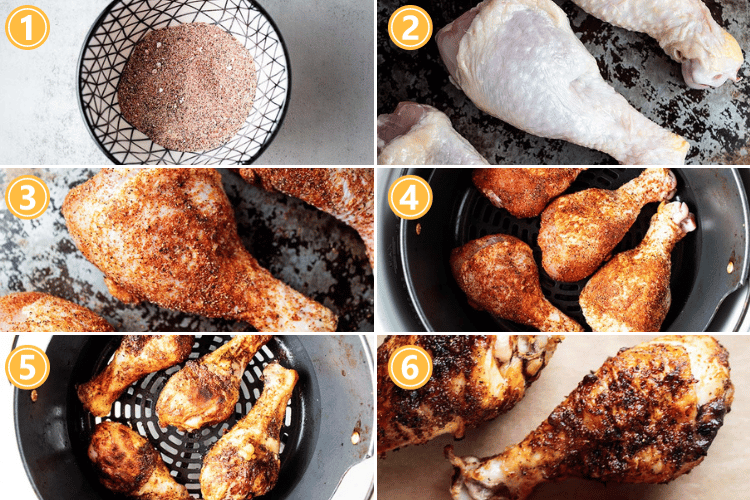 overhead photo of 6 steps to show how to make air fryer chicken legs; first step in top left shows white bowl with seasoning mixed; second stop on top right shows three uncooked chicken legs on sheetpan; third step in left middle shows three chicken legs with seasoning mix applied; fourth step in right middle photo shows four chicken legs laying in black air fryer basket coated with seasoning; fifth step on bottom left photo shows four cooked and crispy air fryer chicken legs laying in black air fryer basket; sixth step shows photo of two finished crispy air fyer chicken legs laying on parchment paper