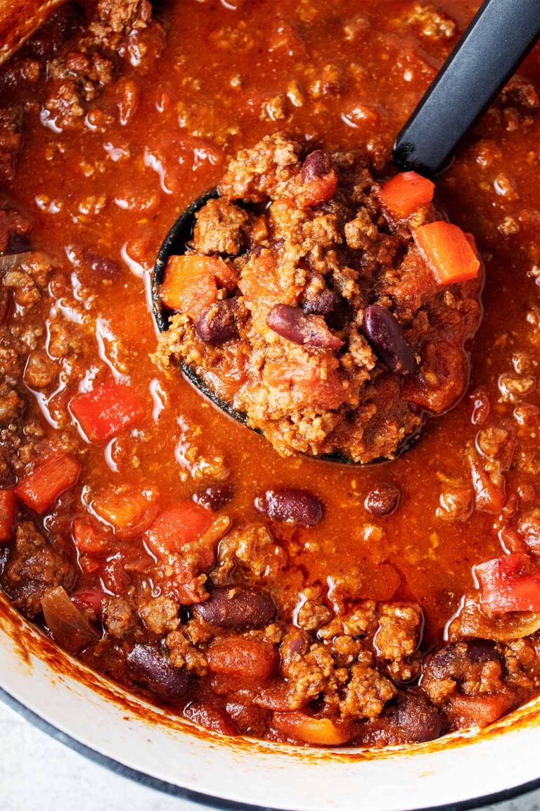 overhead view of pot full of homemade chili