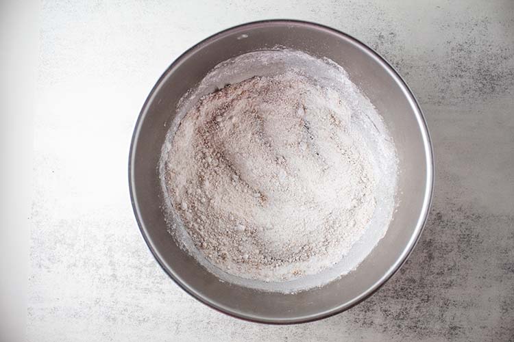 overhead view of mixing bowl with flour mixture
