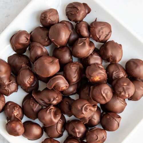 overhead view of chocolate covered macadamia nuts on a white serving dish