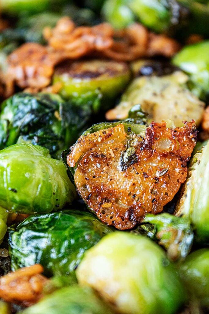 closeup view of oven roasted brussels sprouts ready to serve
