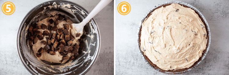 overhead view of last two step to make bakeless peanut butter pie