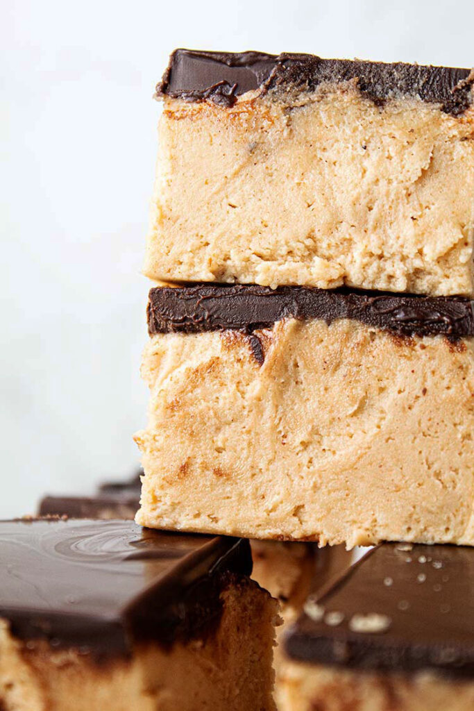 sideview of stack of peanut butter heaven dessert bars
