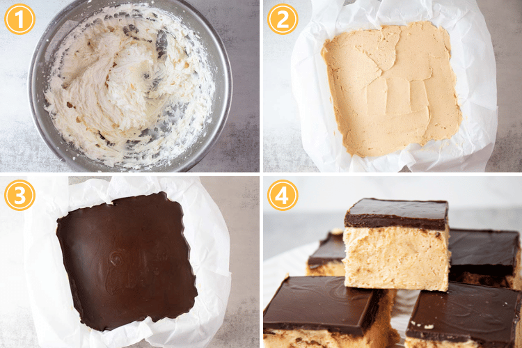 overhead view of process for how to make peanut butter heaven dessert