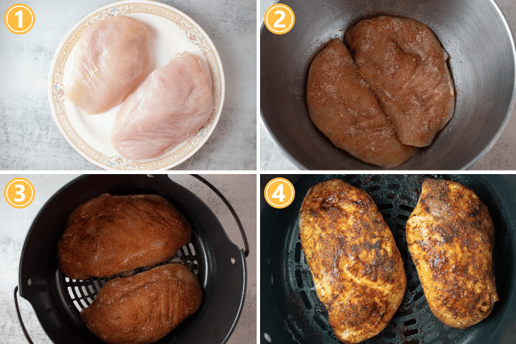 overhead view of the four steps for how to make chicken breasts in the air fryer