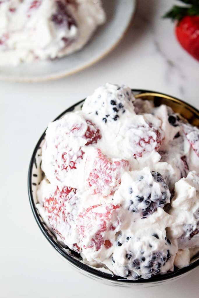 overhead view of cheesecake fluff ready to be served in a bowl