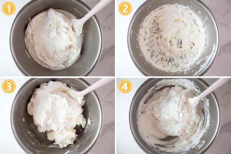 overhead view of the first four steps for how to make cheesecake fluff