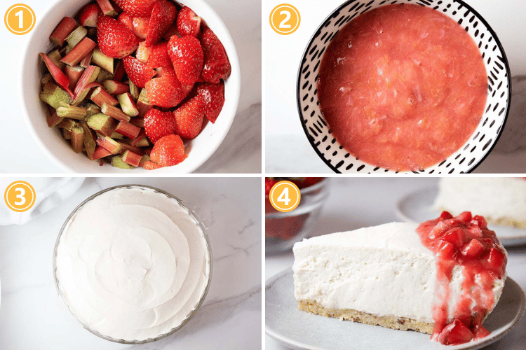 overhead view of the four steps for how to make rhubarb strawberry no bake cheesecake