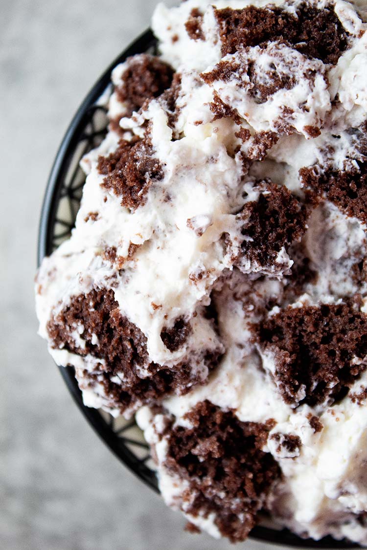 overhead view of brownie cheesecake fluff mixture