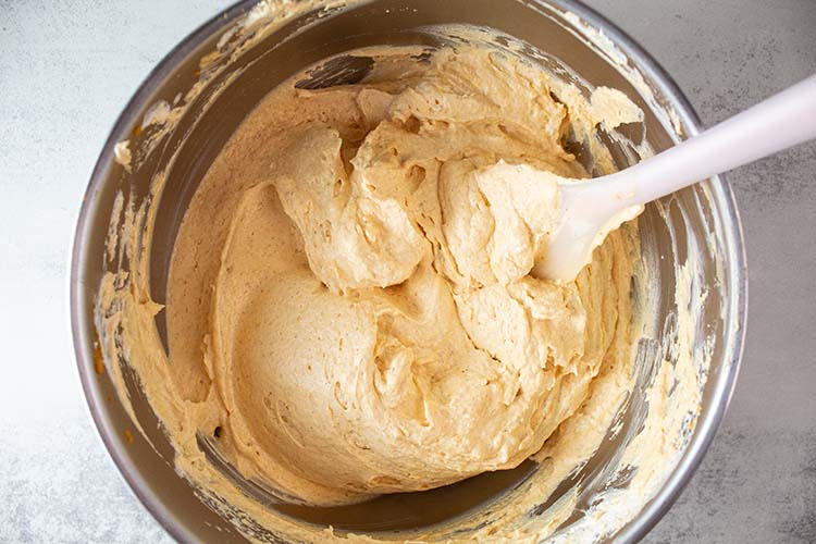 overhead view of thoroughly combined pumpkin mixture ready to be poured into pie dish