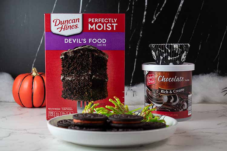 sideview of ingredients needed to make zombie Halloween cupcakes