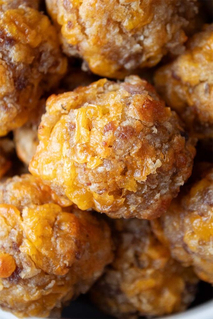 overhead view of sausage balls baked and ready to serve