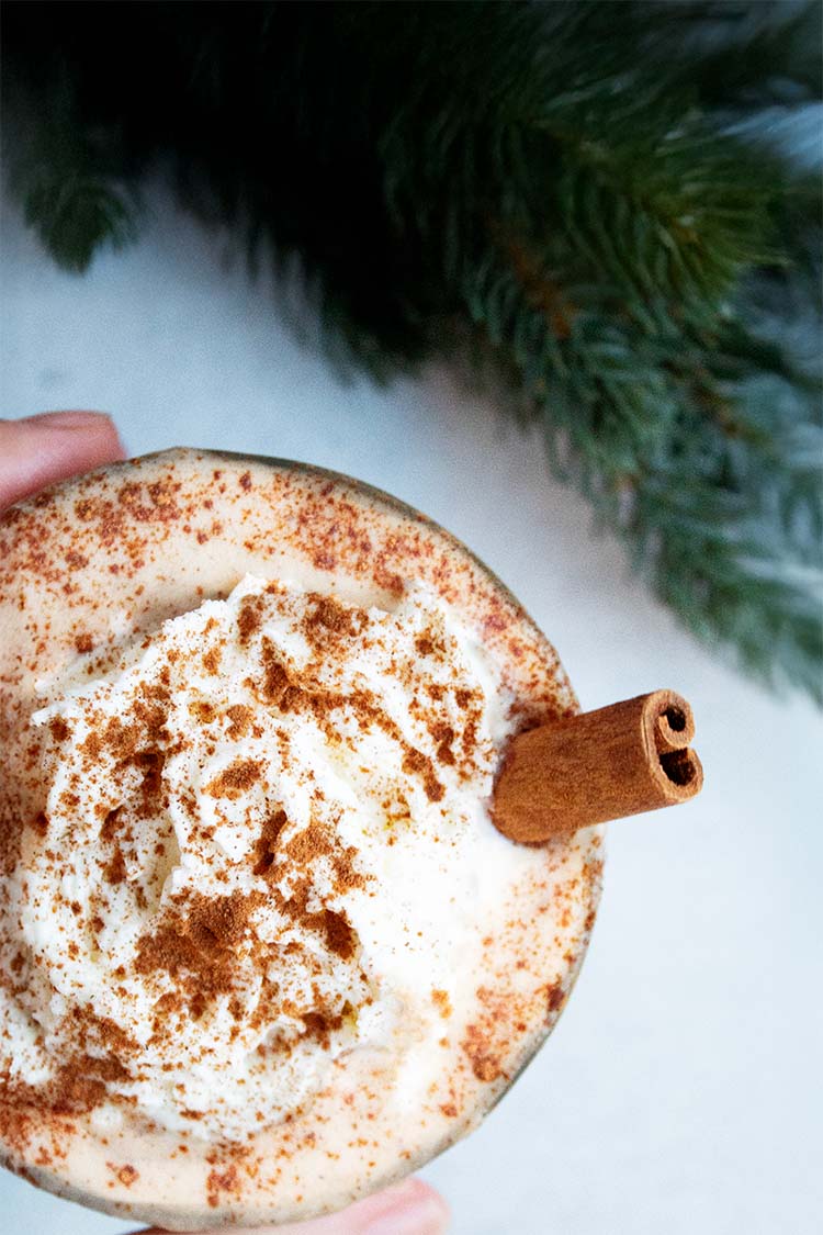 overhead view of the best homemade eggnog in a serving glass topped with whipped cream and cinnamon with a cinnamon stick as a straw next to pine tree christmas decor