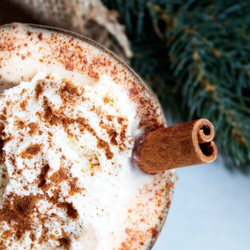 overhead view of the best homemade eggnog topped with whipped cream and cinnamon with a cinnamon stick as a straw next to pine tree decor