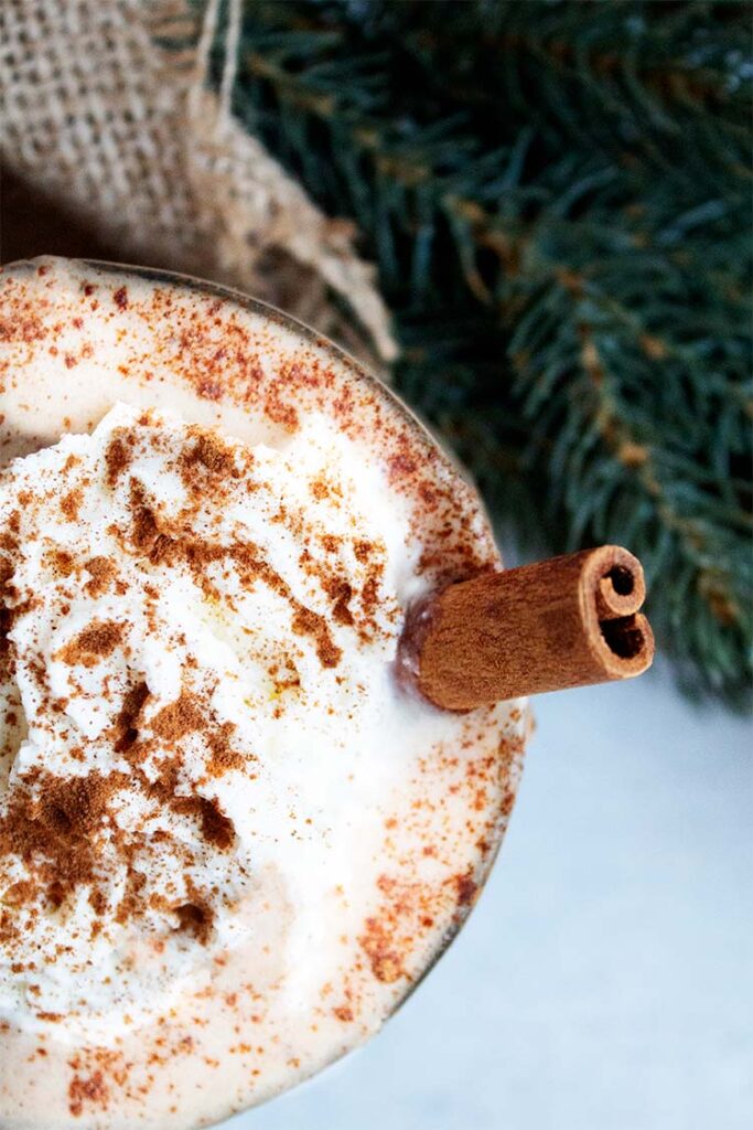 overhead view of the best homemade eggnog topped with whipped cream and cinnamon with a cinnamon stick as a straw next to pine tree decor