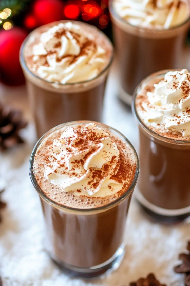 overhead view of four glasses of starbucks peppermint mocha coffee drinks topped with homemade whipped cream and ready to serve with christmas decor in the background