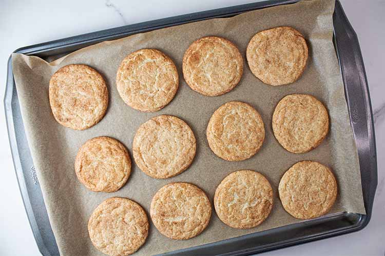 overhead view of easy snickerdoodle cookies out of the oven and ready to cool on a rack