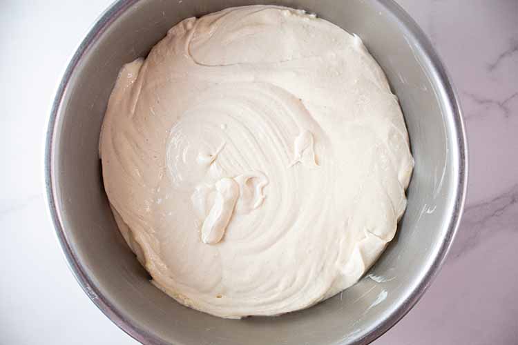 overhead view of cream cheese mixture after combining with the eggs