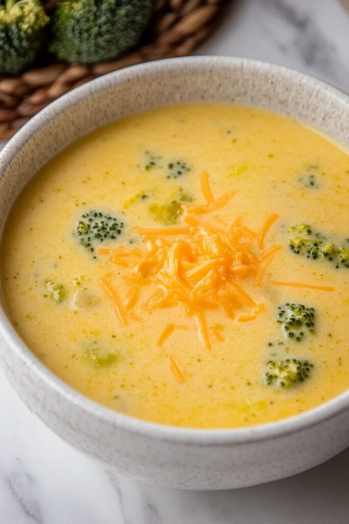 overhead view of broccoli cheddar soup in a white serving bowl and silver spoon ready to serve