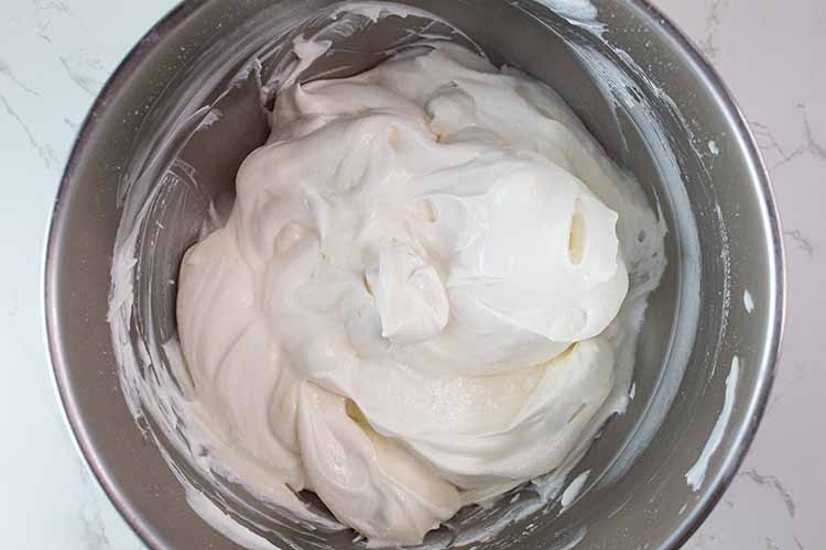 overhead view of all ingredients completely combined in mixing bowl