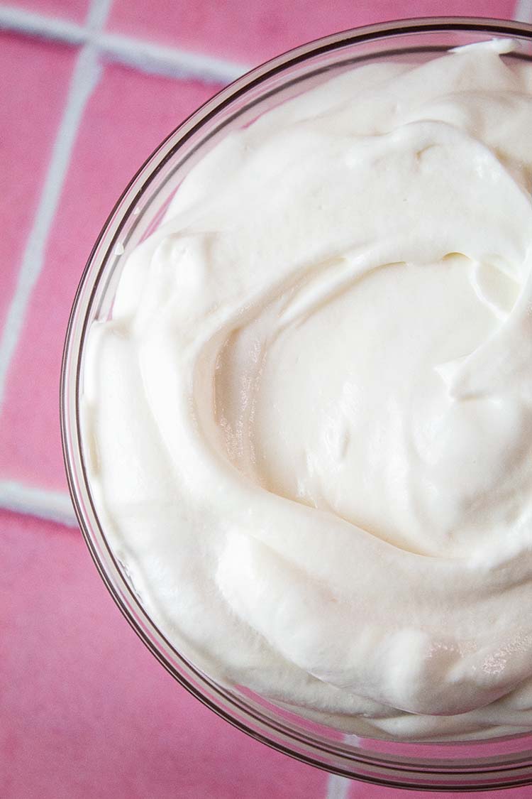 overhead view of high protein cheesecake fluff in a serving bowl