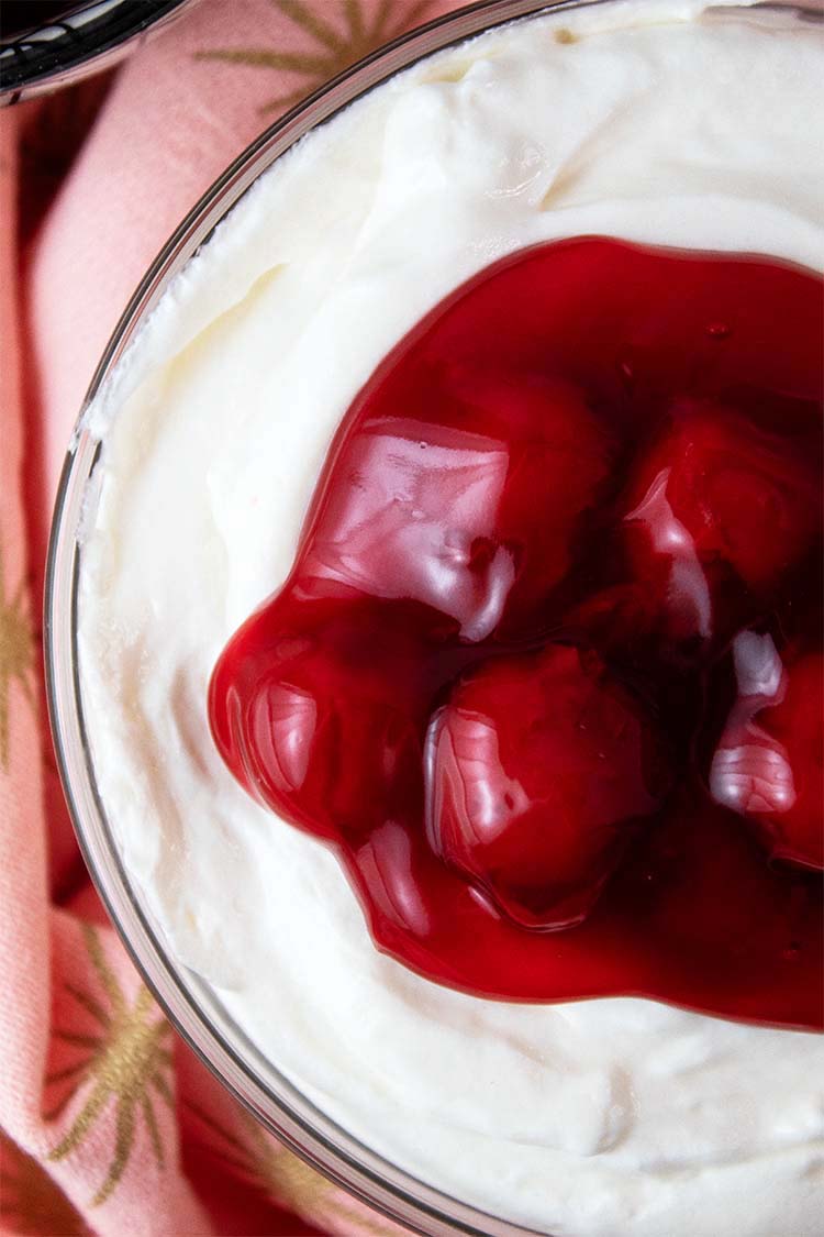 overhead view of high protein cherry cheesecake fluff in a serving bowl