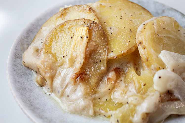 sideview of a serving of scalloped potatoes on a dish