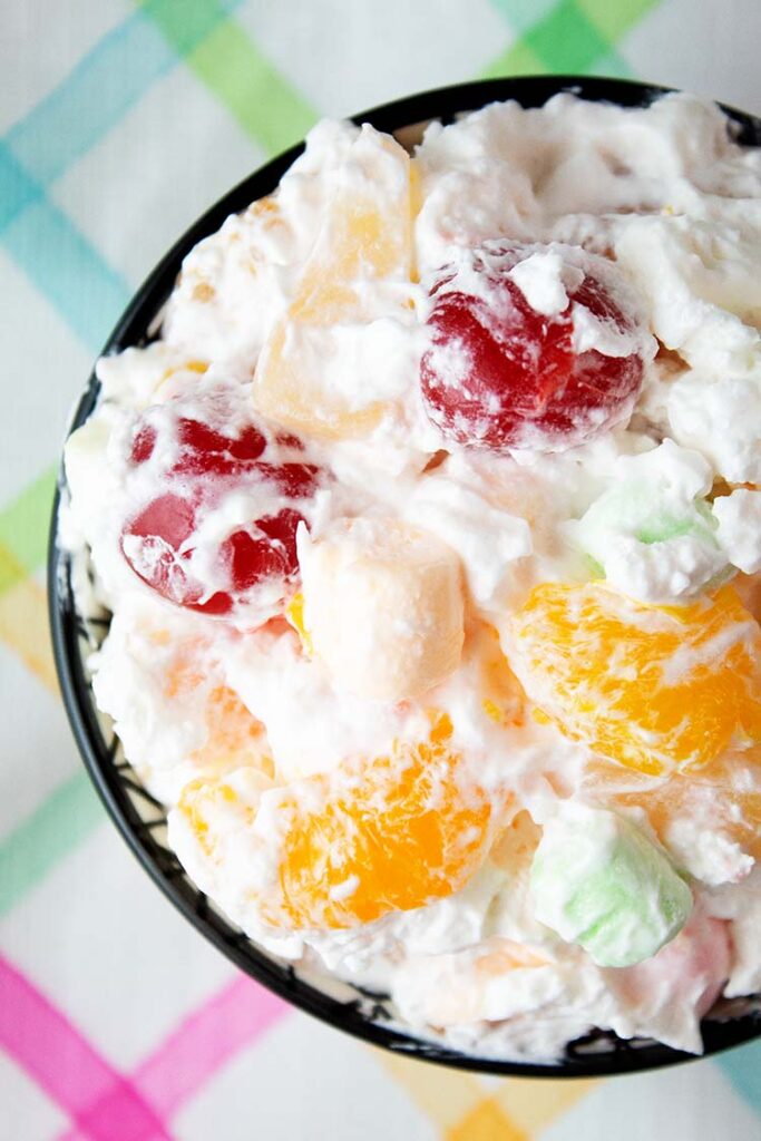 overhead view of ambrosia salad in a bowl ready to serve