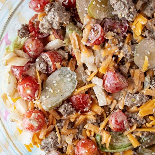 overhead view of Big Mac salad in a glass bowl ready to be served