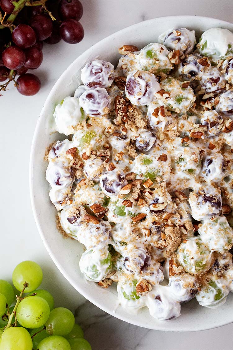 overhead view of grape salad in a serving bowl