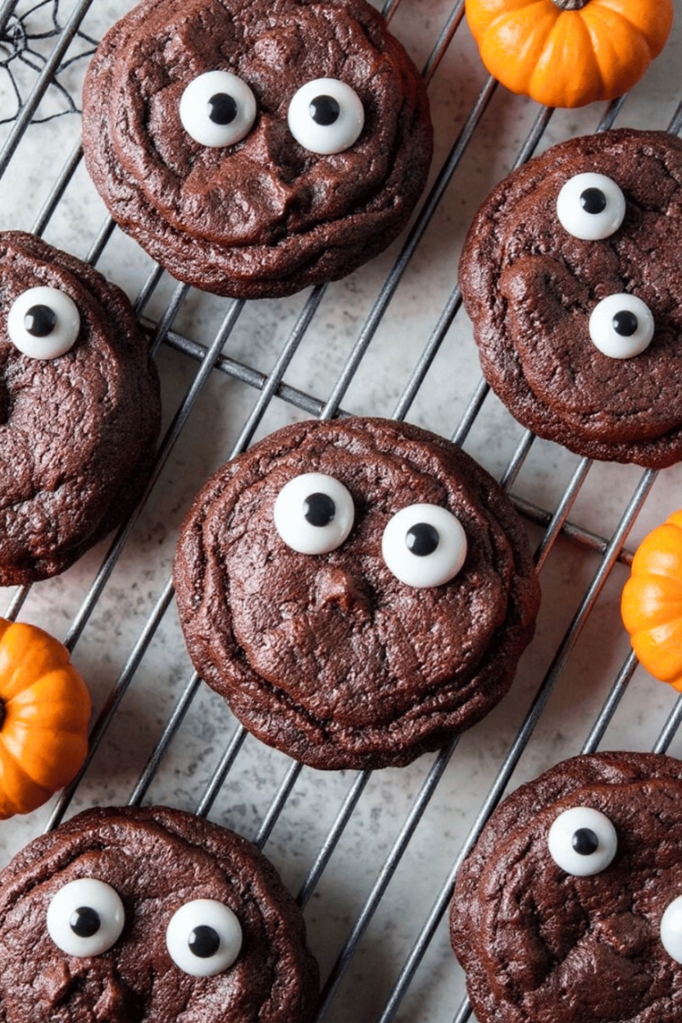overhead view of festive Halloween double chocolate chip cookies with spooky eyes on a wire cooling rack ready to be served
